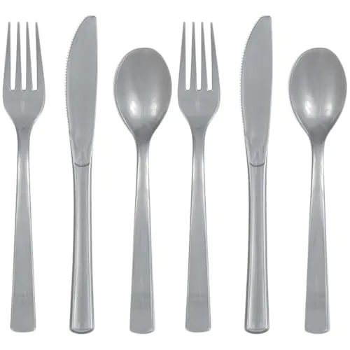 Unique Party Supplies 39506 Kunststoffbesteck für 6 Personen - Silber - 18-teilig