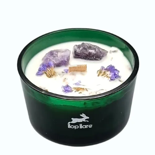 Hop Hare Magische Kerze mit Blumen und Edelsteinen - handgefertigte Sojawachskerze - 8,8 x 5 cm (Der Mond)