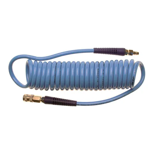 BGS 66541 Druckluft-Spiralschlauch 6 m - Flexibler Druckluft-Spiralschlauch aus strapazierfähigem Polyurethan, ideal für den professionellen Einsatz. Mit Knickschutz und drehbaren Kupplungsadaptern für optimale Handhabung.