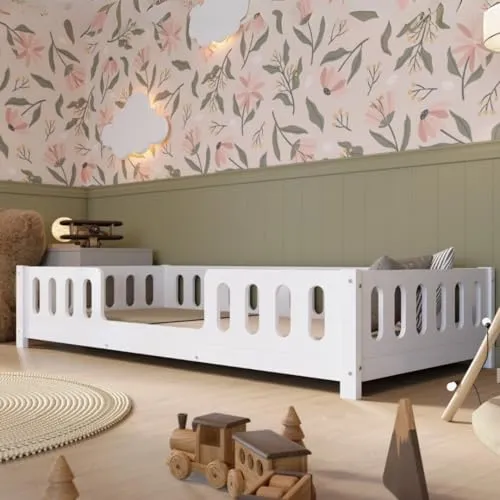 Crazy Pine Kinderbett 140x200 cm – Weißes Montessori Bodenbett mit Rausfallschutz aus MDF – Sicheres Kleinkindbett mit Abgerundeten Kanten – Einstieg mittig – Einfache Montage – Crazy Ethan