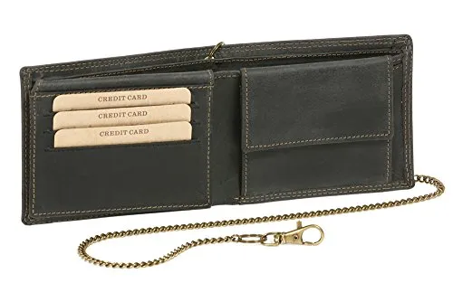 LEAS MCL Bikerkombibörse mit Klappe extra dünn und Kette im Querformat Vintage in Echt-Leder, schwarz - LEAS Chain-Series