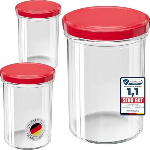 Wellgro Vorratsglas Einmachgläser 435ml TO 82, rot (100-tlg) - Die WELLGRO Einmachgläser mit Schraubdeckel (435 ml) sind ideal für die Aufbewahrung und Präsentation von Lebensmitteln. Dank des dichten Verschlusses bleiben Ihre Vorräte frisch und sicher. Perfekt für Marmelade, Snacks und Meal Prep!