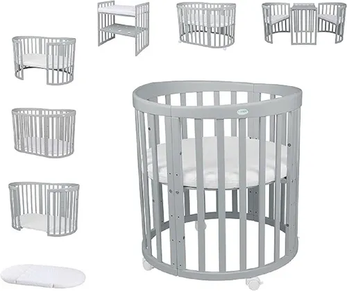 Waldin Babybett OWAL 7in1 aus Holz - Vielseitiges Babybett mitwachsend, inkl. Matratze und belüftetem Lattenrost – ideal für eine sichere und komfortable Schlafumgebung ab Geburt.