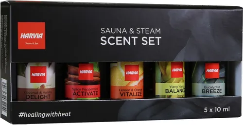 Harvia Saunaaufguss Set 5X 10 ml - Duftkonzentrat für erholsame Saunagänge - Sauna-Aufguss-Sets mit fünf intensiven 10-ml-Düften für ein frisches Dufterlebnis. Ideal für entspannende Saunagänge und Dampfsaunen. Duftsorten: Eukalyptus, Ylang-Ylang, Zitrone & Orange, Pfefferminze, Kokosnuss & Vanille.