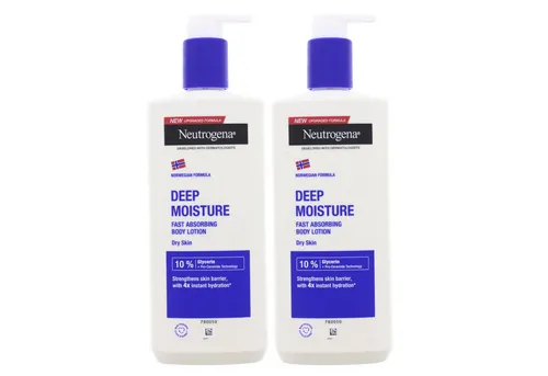 Neutrogena Deep Moisture Bodylotion 2 x 400ml - Feuchtigkeitsspendende Bodylotion mit norwegischer Formel für trockene Haut. Ideal für die tägliche Pflege, zieht schnell ein und hinterlässt ein geschmeidiges Hautgefühl.
