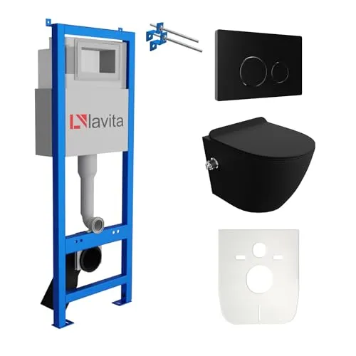 Lavita LAV 101 Vorwandelement für WC 40cm + Wand Hänge Tiefspül WC SALTO Schwarz Spülrandlos + Bedienplatte LAV 200.4.4 Schwarz | Komplettset | Unterputz Spülkasten | Toilette Komplett Sett