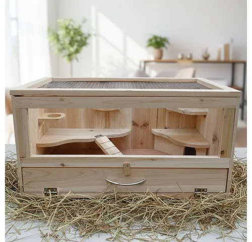 Mucola Kleintierkäfig - Unbehandeltes Holz für Nager - Käfige aus naturbelassenem Fichtenholz, ideal für Innen- und Außenbereich, mit mehreren Etagen und Drahtgitter für optimale Belüftung.