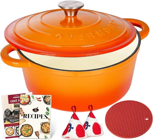 Overmont Schmortopf Gusseisen 26cm mit Deckel + Kochbuch Orange Bräter OVP NEU