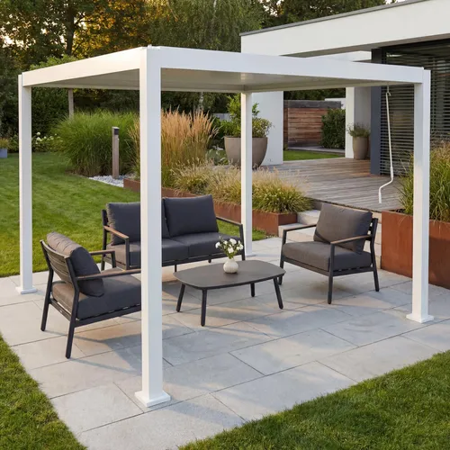 Pergola MCW-P65 – Eleganter Lamellen-Pavillon mit Aluminium-Gestell - Vielseitige Terrassenüberdachung 3x3m mit drehbarem Lamellendach für individuelle Lichtregulierung. Robuste Konstruktion für Stabilität und Langlebigkeit, ideal für entspannte Stunden im Freien.