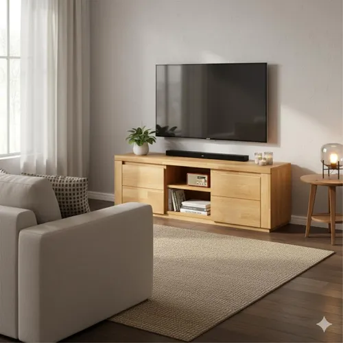 Lowboard Bergen 140 cm aus Kernbuche - TV-Halterungen aus teilmassivem, geöltem Buchenholz in griffloser Optik, pflegeleicht und ideal für ein modernes Wohnambiente.