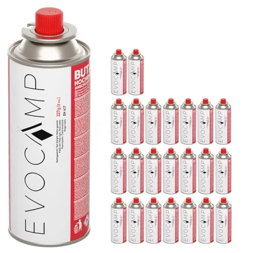 EVOCAMP Butan Gaskartuschen 227g Typ MSF-1a - Gaskartuschen für Camping und BBQ, ideal für tragbare Gasgeräte mit hoher Leistungsfähigkeit, bis zu 3 Stunden Kochzeit.