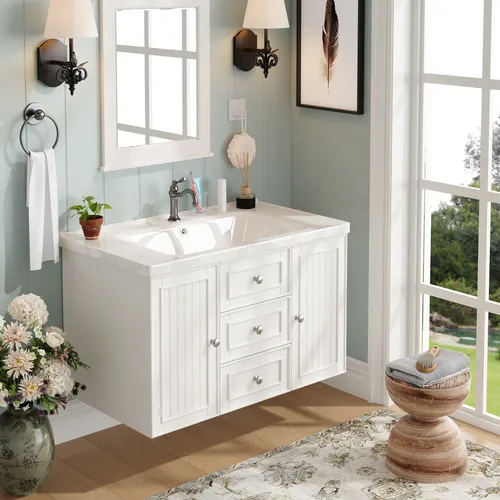 okwish Badezimmerschrank mit Waschbecken und 3 Schubladen, Weiß