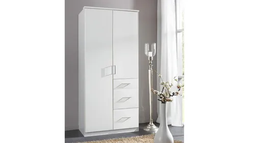 Kleiderschrank weiß Drehtürenschrank Click 91 cm - Moderner Drehtürenschrank für das Schlafzimmer, mit 2 Türen, 3 Schubladen und praktischen Einlegeböden. Hergestellt in Deutschland für höchste Qualität.