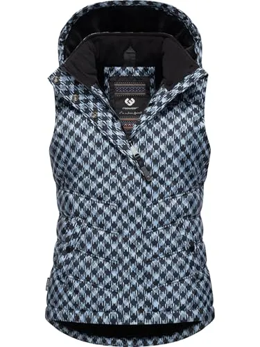 Ragwear Hesty Print Damen Outdoorweste - Funktionsjacken: Warme, wasserdichte und atmungsaktive Weste mit abnehmbarer Kapuze und modischem Hahnentritt-Muster – ideal für kalte Wintertage und vielseitig kombinierbar.