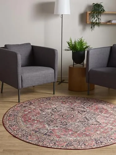 Interiyou Vintage Teppich Wohnzimmer Gent - 120x120 cm Rund Multicolor/Beige - Für Schlafzimmer, Esszimmer, Kinderzimmer - Kurzflor waschbar und rutschfest, Print Muster