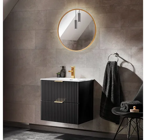 Lomadox Badmöbel-Set ADELAIDE-56-BLACK, 2-teilig in elegantem Schwarz - Badmöbel-Set mit gerillter Front und Softclose-Systemen für ein modernes Badezimmer. Inklusive LED-Spiegel und hochwertigem Keramik-Waschbecken.