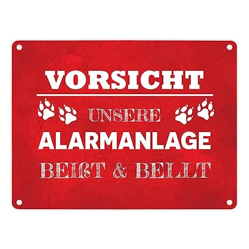 Vorsicht unsere Alarmanlage beißt & bellt Metallschild in 15x20 cm in Rot Dekoration lustiger Spruch Hund Haustier Warnung Einbrecher Hundefreund Geschenkidee