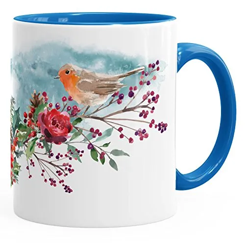 Autiga Kaffee-Tasse Vogel Rotkehlchen Blumen Misteln Watercolor Bird Weihnachten Christmas blau unisize