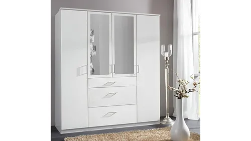Kleiderschrank Weiß mit Spiegel - Click Drehtürenschrank 179 cm - Moderner Kleiderschrank für Erwachsene mit 4 Türen, 5 Regalfächern und 3 Schubladen. Ideal für Ordnung im Schlafzimmer und Made in Germany für höchste Qualität.