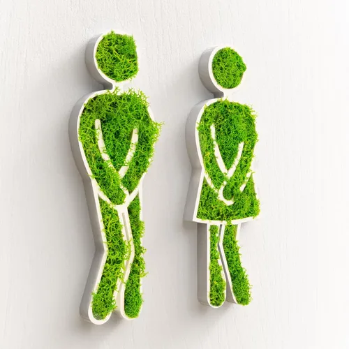 Mooswerk WC Moos Schild Set für Mann & Frau - Deko-Objekte mit handgefertigten Schildern aus konserviertem Islandmoos. Ideal für ein stilvolles Badezimmer-Design, leicht zu montieren und in Schwarz oder Weiß erhältlich.