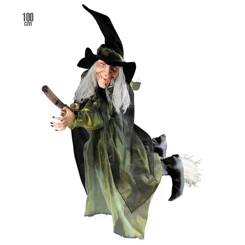 HEXE AUF FLIEGENDEM BESEN 100 CM - Partydekoration für Halloween, lebendige Grusel-Atmosphäre mit detailreicher Hexenfigur auf fliegendem Besen.