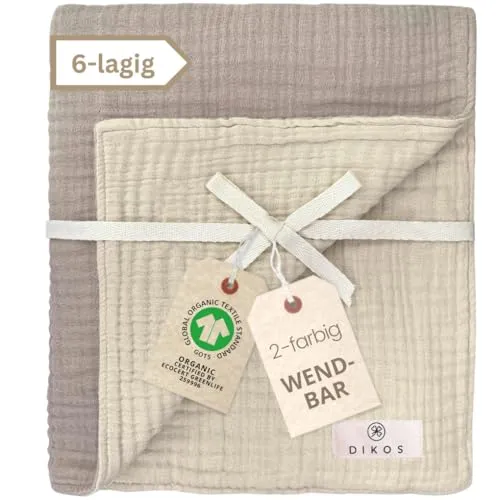 DIKOS® Musselin Babydecke Sommer 70×100 cm – Bio-Baumwolle - 6-lagige, atmungsaktive Kuscheldecke aus 100 % GOTS Bio-Baumwolle – perfekt für warme Sommernächte und vielseitig einsetzbar als Spucktuch oder Puckdecke.