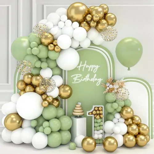 Luftballon Girlande Grün - 102 Stück Ballon Girlande mit Luftballons Grün, Luftballons Gold, Luftballons Weiß, Luftballons Geburtstag Salbeigrün für Taufe Deko, Kommunion, Baby Shower, Geburtstagsdeko