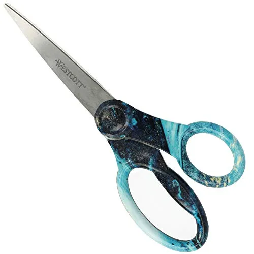 Westcott Schere in Pouring Art- und Marmor-Optik, Universalschere mit Edelstahl-Klingen und Kunststoffgriffen, 20,4 cm, türkis, E-38081 BLUE