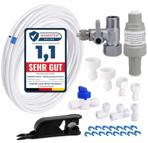 ZO006 Wasserzulaufleitung 15m Universal Anschluss-Set - Wasserfilter Anschluss-Set für Side-by-Side Kühlschränke und Umkehrosmoseanlagen, inklusive Druckregler für maximale Sicherheit und tropffreie Montage.