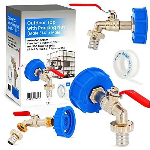 Wasserhahn Zapfhahn Auslaufhahn mit Schlauchanschluss IBC Container Tank Verbinder Adapter Deckel 2 x 1/2 Kugelhahn Kugelauslaufhahn Messing Auslaufventil für Regentonne Regenwassertank