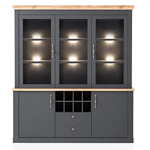 Lomadox Buffetvitrine im Landhausstil - Glasvitrine im modernen Landhausstil, inkl. LED-Beleuchtung und Softclose-Türen, ideal für stilvolle Aufbewahrung in der Küche.