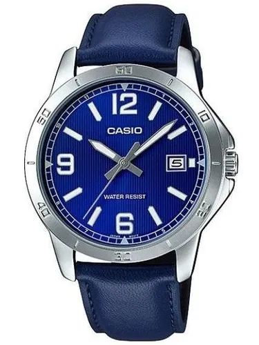 Casio MTP-V004L-2B Analog Herren Armbanduhr - Herren Armbanduhr mit analoger Anzeige, blauem Lederarmband und wasserdichtem Edelstahlgehäuse – ideal für jeden Anlass.