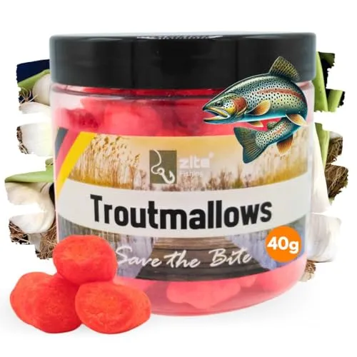 Zite Fishing Trout Mallows Forellenköder - Hochfängiger Forellenteig auftreibend - Troutmallows Starke Aromen & Leuchtende Farben 40g Dose Forellen Köder Grundmontage Naturködern (Knoblauch orange)