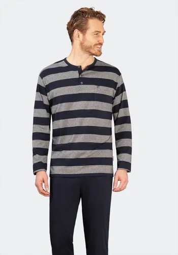 Hajo Pyjama Klima Light (Set, 2 tlg) - Herren-Nachtwäsche aus 60% Baumwolle, atmungsaktiv und ideal für erholsame Nächte. In stylischem Blau/Grau mit Rundhals-Ausschnitt und langem Arm.