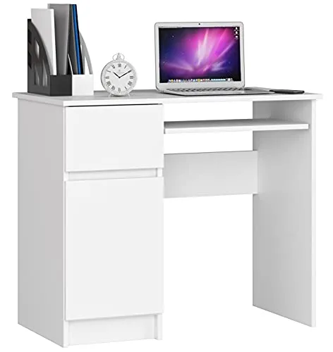 Home Collective Computertisch, Bürotisch, mit 1 Schublade, 2 Regalen und Einer ausziehbaren Tastaturablage, Schreibtisch 90 x 50 x 77 cm, Abriebfeste Laminatplatte mit ABS-Kante, weiß, Fächer Links