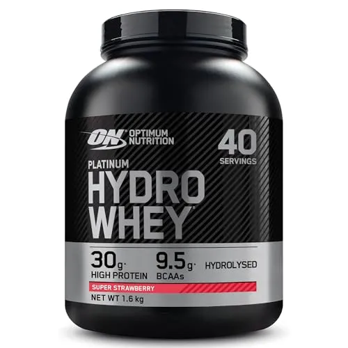 Optimum Nutrition Platinum Hydro Whey Erdbeer - Molkenproteine, 30 g schnell verdauliches Eiweiß pro Portion, ideal für Muskelaufbau und Fitness. Nur 1 g Zucker, perfekt für deine Trainingsroutine!