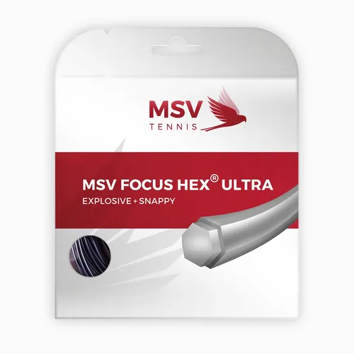 MSV Tennissaite Focus Hex Ultra schwarz 12m Set - Schlägersaiten für explosive Spin- und Spannungsstabilität, ideal für ambitionierte Spieler. Sechseckiges Profil und spezielle Beschichtung sorgen für maximales Spin-Potential.