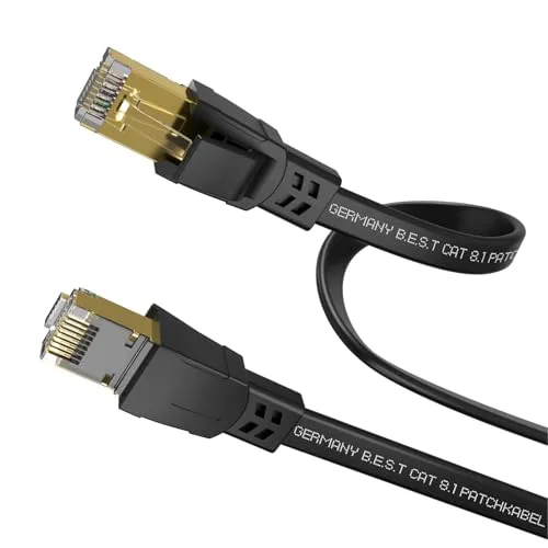 Cat 8.1 LAN Kabel Flach 10m – High Speed Ethernet Netzwerkkabel 40 Gbit/s 2000 MHz Patchkabel RJ45 S/FTP PiMF Kupfer – Internetkabel für PC, Router, Modem, Switch, Smart TV, PS5, Xbox – Schwarz
