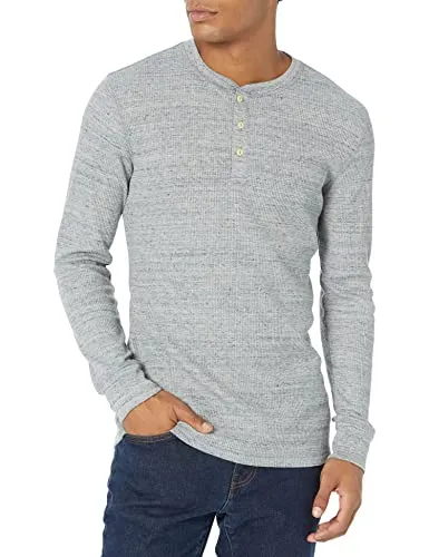 Amazon Essentials Herren Langärmeliges Waffel-Henley, Schmale Passform, Hellgrau Meliert, XS