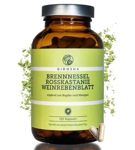 QIDOSHA® Brennnessel Rosskastanie Weinrebenblatt Komplex Kapseln plus Kupfer & Mangan, 120 Kapseln im Apothekerglas, deutsche Fertigung, jede Charge laborgeprüft