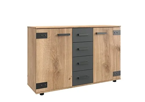 möbelando Kommode Malmö - Plankeneiche-Nachbildung mit Graphit-Akzenten - MODERNE KOMMODE - Die Malmö Kommode vereint stilvolles Design mit viel Stauraum. Ideal für Ihr Schlafzimmer, leicht zu montieren und in verschiedenen Ausführungen erhältlich.