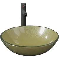 vidaXL Badezimmer Waschbecken mit Wasserhahn Gold - Elegantes Waschbecken aus gehärtetem Glas mit einem einzigartigen Design und einem praktischen Pop-up Ablaufventil. Ideal für stilvolle Badezimmer und einfach zu reinigen.