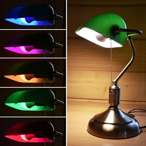 LED RGB Retro Tischlampe mit Fernbedienung - Tischleuchte im Banker-Stil mit grünem Glas-Schirm, ideal für Büro und Zuhause. Genießen Sie stimmungsvolle RGB-Beleuchtung und Energieersparnis mit dimmbarer Steuerung.