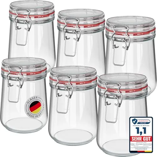 WELLGRO 6x Einmachgläser mit Bügelverschluss rund 800ml, Fermentierglas, Vorratsgläser mit Deckel - Gläser mit Deckel Made in Germany