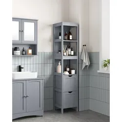 VASAGLE Badkommode Hochschrank mit 2 Schubladen - Schmale freistehende Kommode in Weiß und Waldgrün, ideal für kleine Bäder. Mit 2 Schubladen und 3 offenen Fächern für optimale Aufbewahrung.
