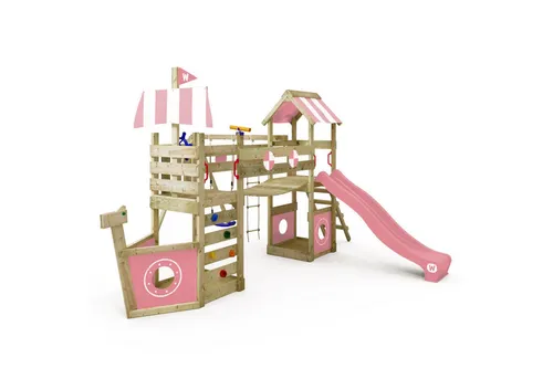 WICKEY Spielturm Klettergerüst StormFlyer mit Schaukel & Rutsche - Outdoor Kinder Kletterturm mit 2 Podesten, Wackelbrücke und Kletterwand. Ideal für unvergessliche Abenteuer im Garten, sicher und stabil gebaut aus hochwertigem europäischem Holz.