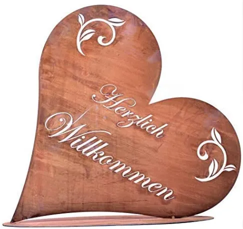 Rostikal Herzlich Willkommen Schild 32 x 30 cm – Vintage Gartendeko Herz - Einladendes Herz Schild aus Metall mit edlem Rost-Finish. Ideal für die Dekoration Ihrer Haustür oder des Gartens – ein echter Blickfang für jeden Eingangsbereich.