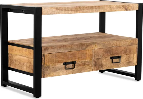 TV Schrank Britt aus Mangoholz und Stahl, 100 cm - Stylischer TV-Schrank Britt aus warmem Mangoholz und robustem Stahl. Mit zwei Schubladen und großzügiger Ablagefläche für Ordnung und modernes Design im Wohnzimmer.