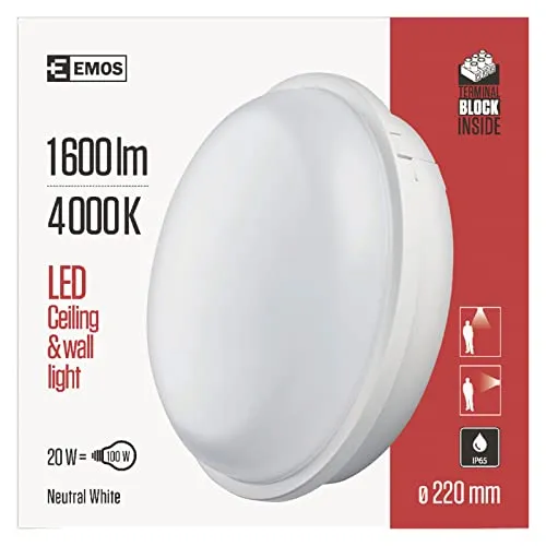 EMOS LED-Wandleuchte und Deckenleuchte 20 W - Decken- und Wandleuchte, wasserdicht mit IP65, ideal für Innen- und Außenbereiche. Hohe Helligkeit von 1600 lm und langlebige 25.000 Stunden Lebensdauer.