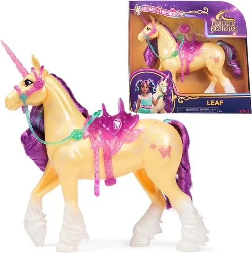 Unicorn Academy Fashion Unicorn Leaf Refresh - Handpuppen Spielzeug mit 28 cm großem Einhorn Leaf, ideal für Rollenspiele. Mit beweglichem Kopf, abnehmbarem Sattel und Zaumzeug - fördert Kreativität und Fantasie bei Kindern ab 4 Jahren.